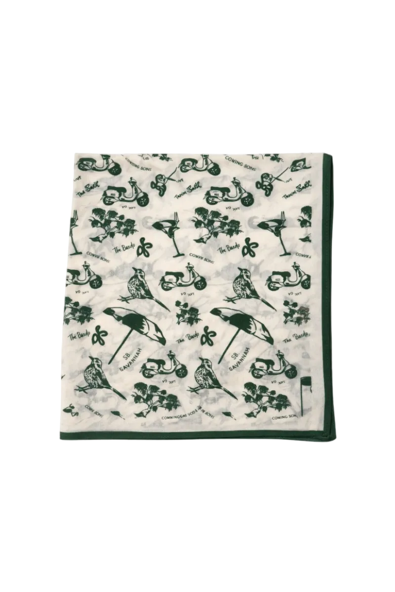 A square scarf featuring a dark green and off-white pattern of classic scooters, umbrellas, and trees, finished with a solid dark green border.