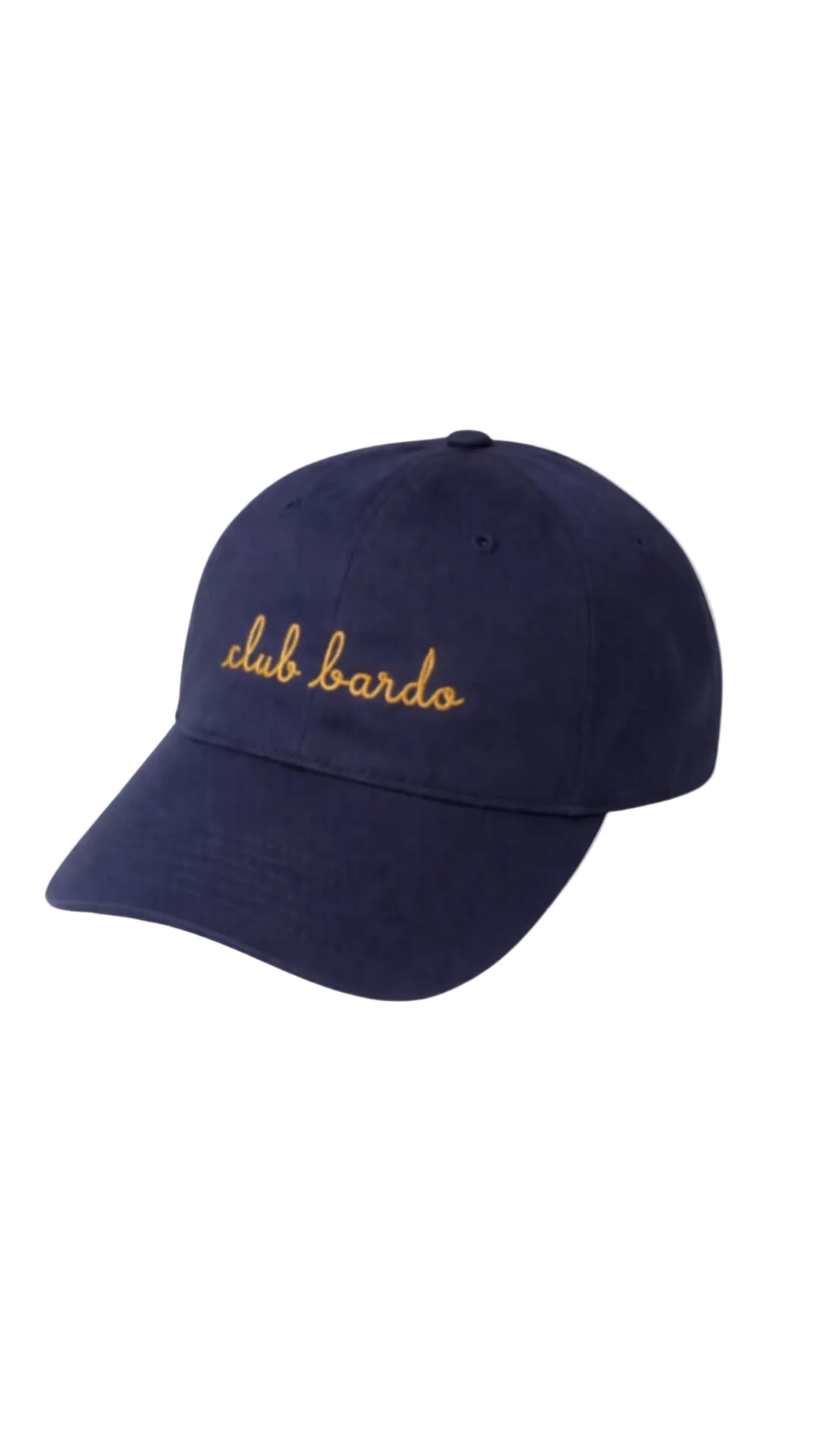 A navy baseball cap with gold "club bardo" embroidered in front.