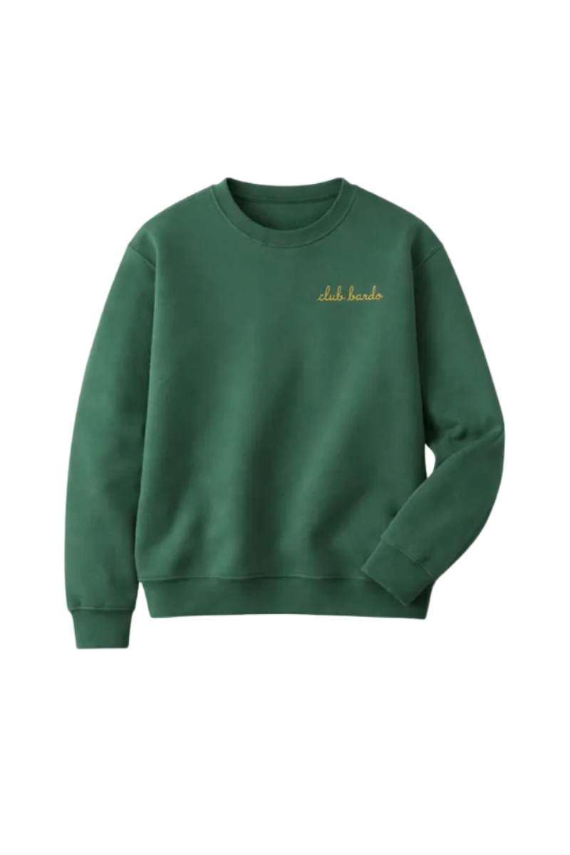 A dark green crewneck sweatshirt with a small gold embroidered "club bardo" logo on the left chest.